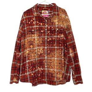 Handmade Bleached Flannel Shirt Men Size XXL Unisex Floral Plaid Upcycled 2X 2XL